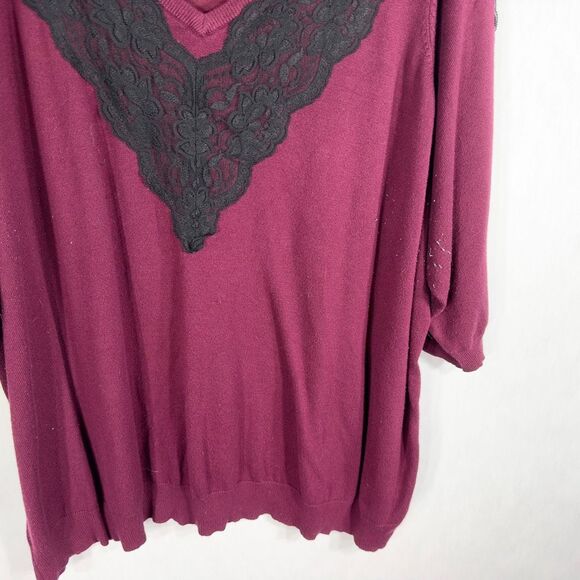 Lane Bryant Plus Size 26 28‎ Top Knit Burgundy Black Lace Sweater V Neck 639 - Picture 4 of 10